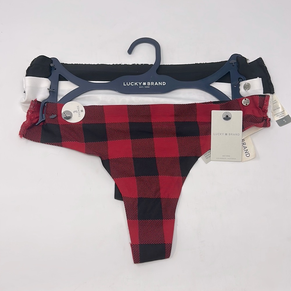Lucky Brand Black White Red Buffalo Plaid 3 Pack Thong Set Size Small
